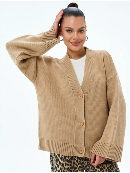 Maple Cardigan by Lauven - Warm oversized knitwear with button closure in neutral beige.