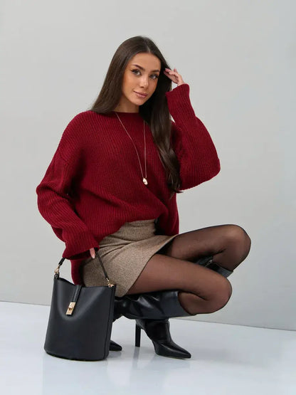 Maribel Sweater by Lauven: Oversized burgundy knit with crew neck, styled for chic autumn looks.