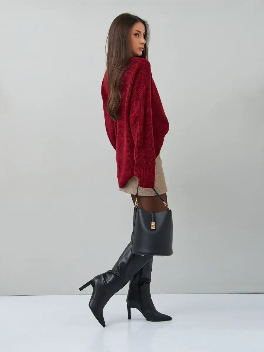 Maribel Sweater by Lauven - Oversized burgundy knit pullover styled with a skirt and knee-high boots.