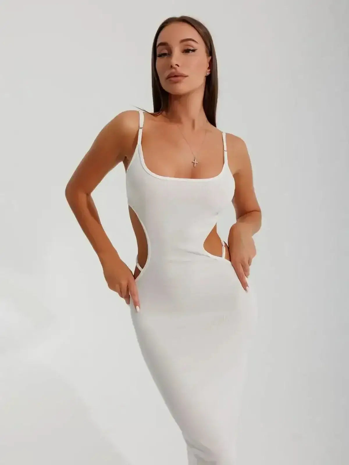 Midi Dress Cutout Muse by Lauven featuring alluring side cutouts and a sleek silhouette.