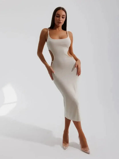 Midi Dress Seraphine by Lauven - Beige ribbed knit dress with sculptural side cutouts and bodycon fit.