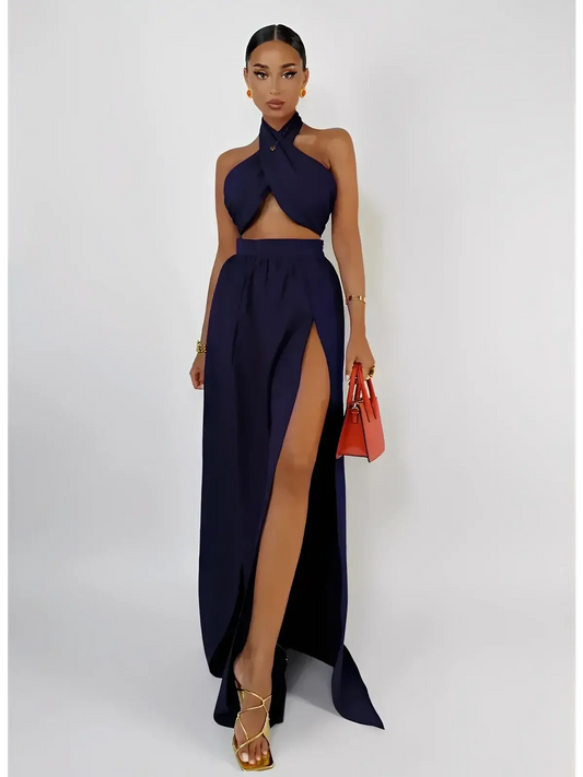 Midnight Halo Set by Lauven featuring cutout crop top and thigh-high slit maxi skirt for glamorous summer evenings.