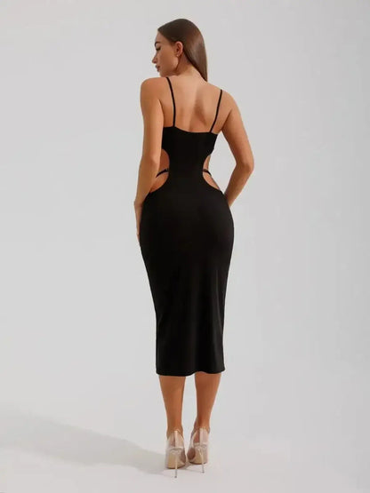 Midnight Silhouette Midi Dress by Lauven featuring curve-hugging cutouts and a sculpted fit in luxurious black fabric.