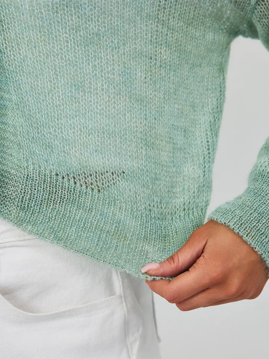 Mint Cardigan by Lauven, showcasing a soft green oversized mohair-blend knitwear detail.