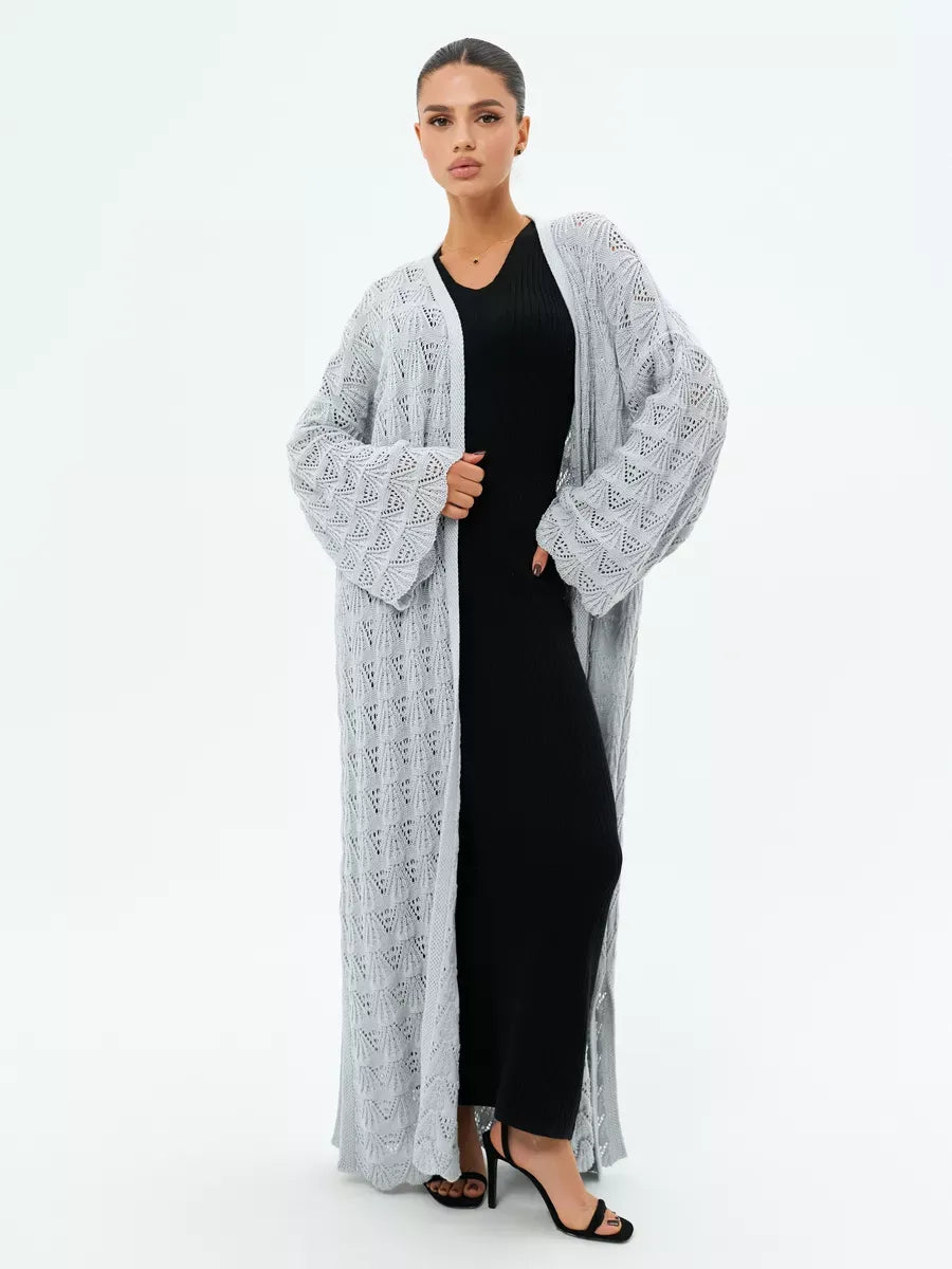 Mist Cardigan by Lauven, lightweight openwork summer cardigan in soft light gray color, ideal for layering.