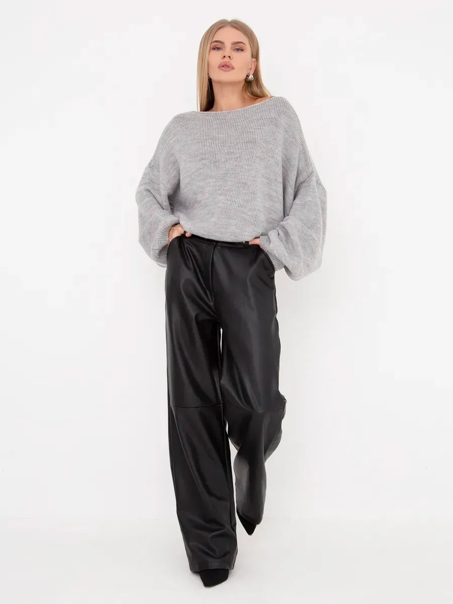 Mist Sweater by Lauven, oversized women's knit sweater in soft grey with boat neck, paired with black leather pants.