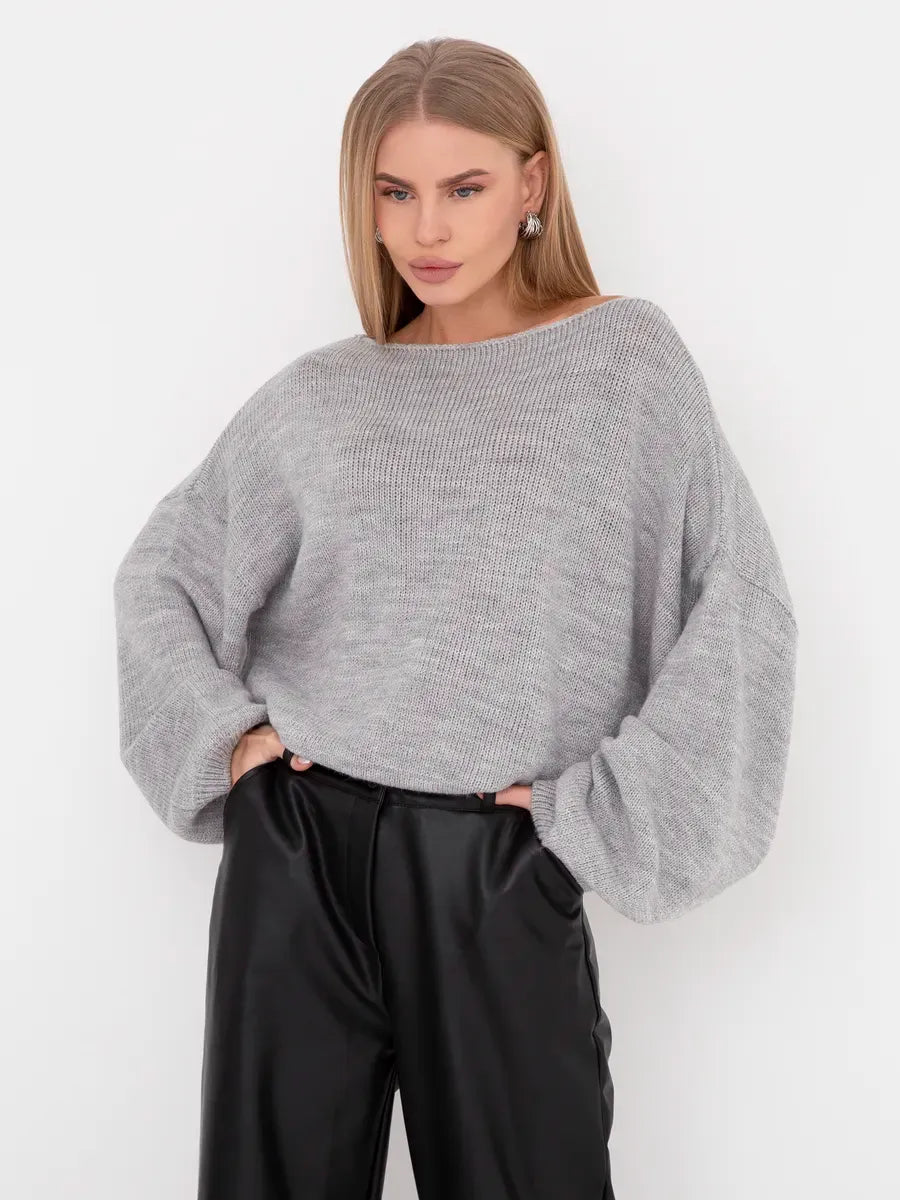 Mist Sweater by Lauven - Oversized women's knit sweater in soft grey with boat neck styling.