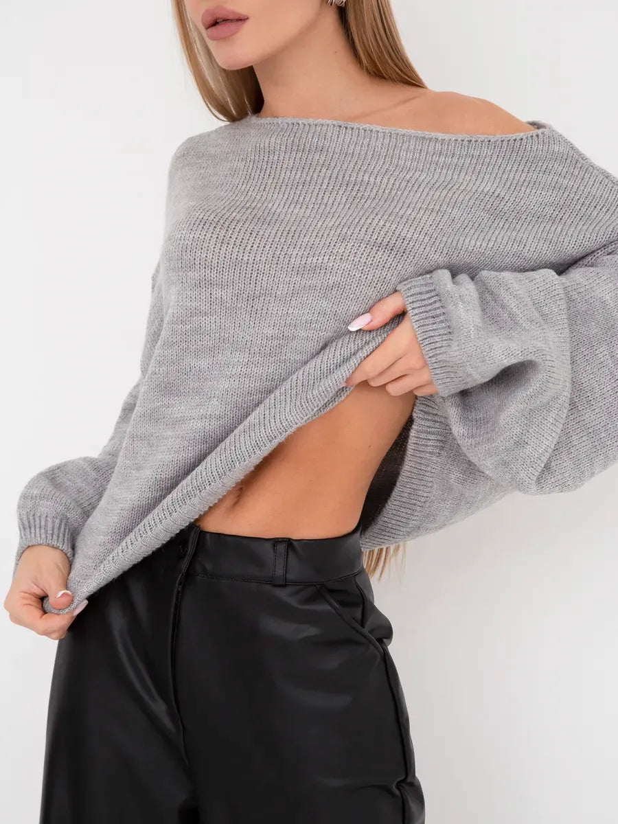 Mist Sweater by Lauven - Oversized women's knit sweater in soft grey with boat neck style.