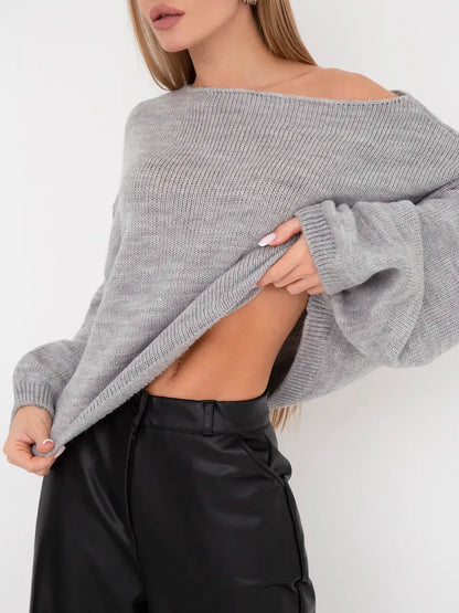 Mist Sweater by Lauven - Oversized women's knit sweater in soft grey with boat neck style.