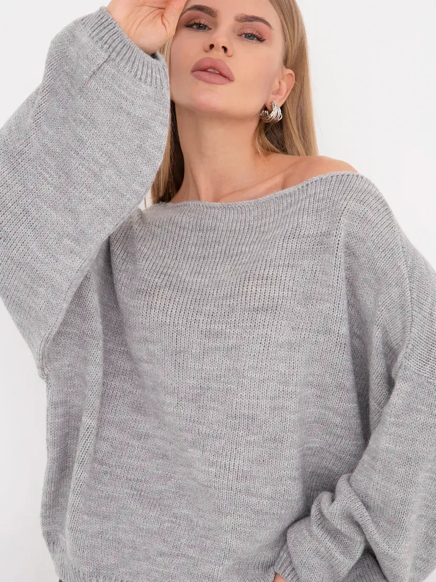 Mist Sweater by Lauven — Oversized grey knit sweater with boat neck style.