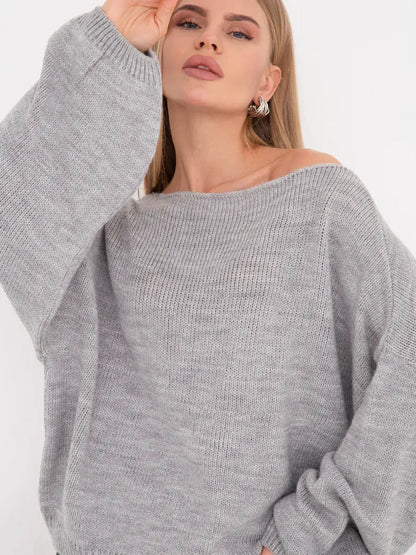 Mist Sweater by Lauven — Oversized grey knit sweater with boat neck style.