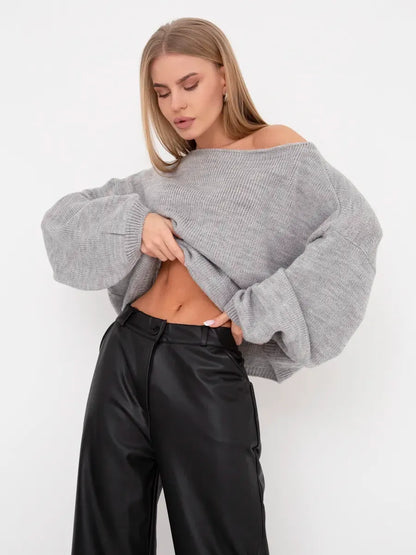 Mist Sweater by Lauven - Oversized knit sweater with boat neck in soft grey worn with black pants.