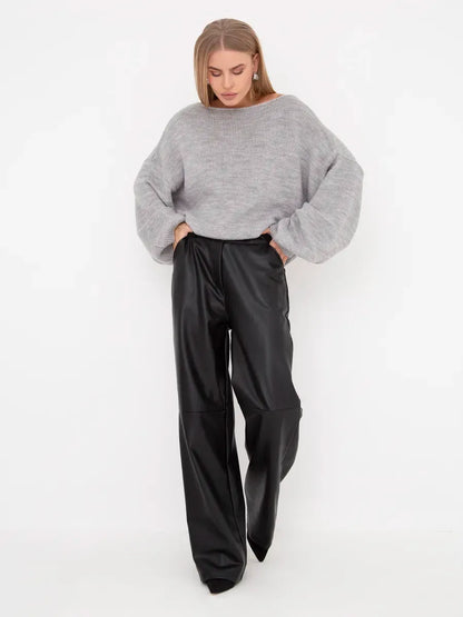 Mist Sweater by Lauven: Oversized women's knit sweater with boat neck in soft grey paired with stylish black leather pants.