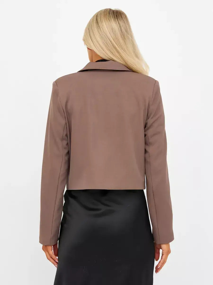 Mocha Blazer by Lauven shown from the back, featuring an oversized cropped tailored silhouette in rich brown.