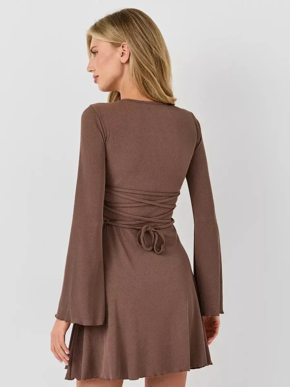 Mocha Flare long sleeve mini dress by Lauven showcasing a soft flared hem and stylish bell sleeves in a rich coffee tone.