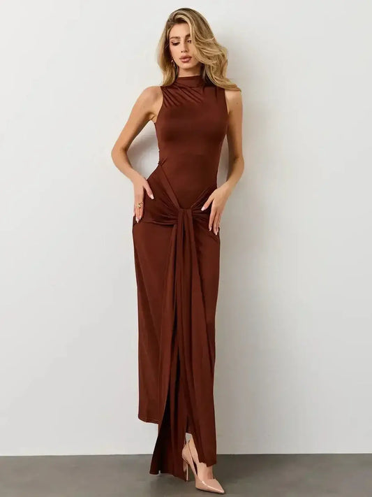 Mocha Muse Maxi Dress by Lauven featuring a draped front knot and elegant high neckline in a warm earthy tone.