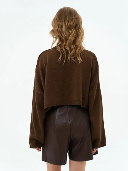 Mocha Sweater by Lauven - Cropped oversized knit in rich brown, showcasing trendy back view with stylish shorts.