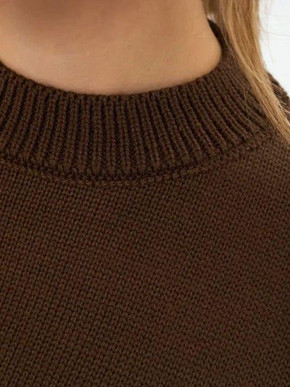 Mocha Sweater by Lauven - Close-up of the rich brown knit texture and neckline detail
