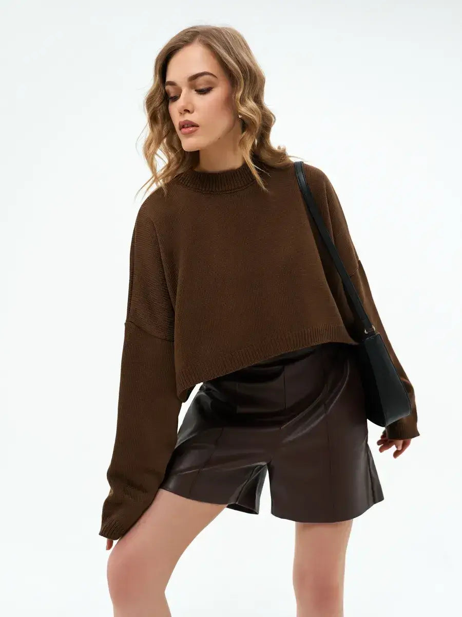 Chic Mocha Sweater, cropped oversized knit in rich brown, by Lauven, perfect for contemporary women's fashion.