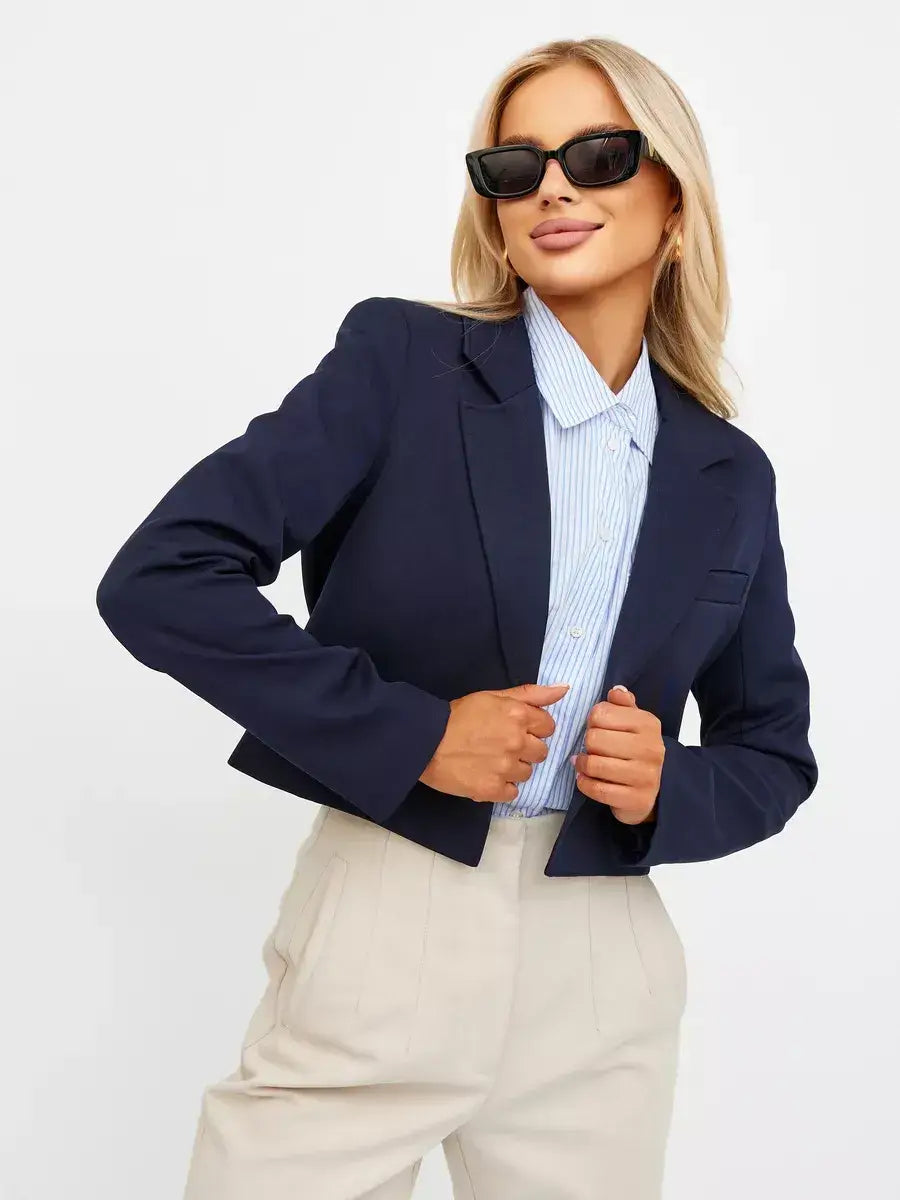 Navy Blazer by Lauven, showcasing cropped tailored elegance in deep navy, perfect for versatile styling.