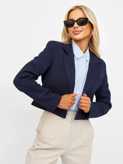 Navy Blazer by Lauven, showcasing cropped tailored elegance in deep navy, perfect for versatile styling.