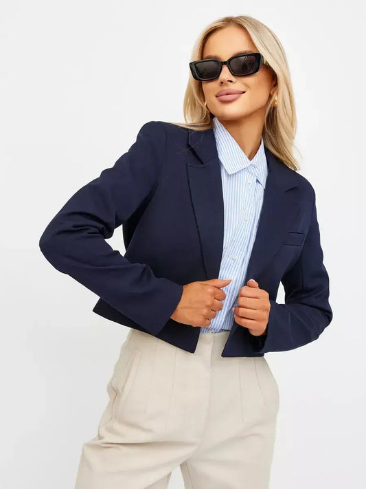 Navy Blazer by Lauven, showcasing cropped tailored elegance in deep navy, perfect for versatile styling.