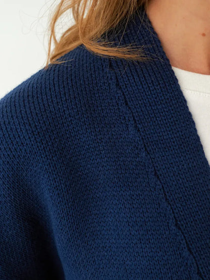 Close-up of Lauven Navy Cardigan showcasing cozy oversized knitwear and button closure detailed texture.