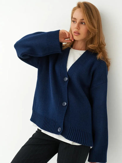 Navy Cardigan by Lauven, cozy oversized knitwear with button closure, perfect for layered outfits.