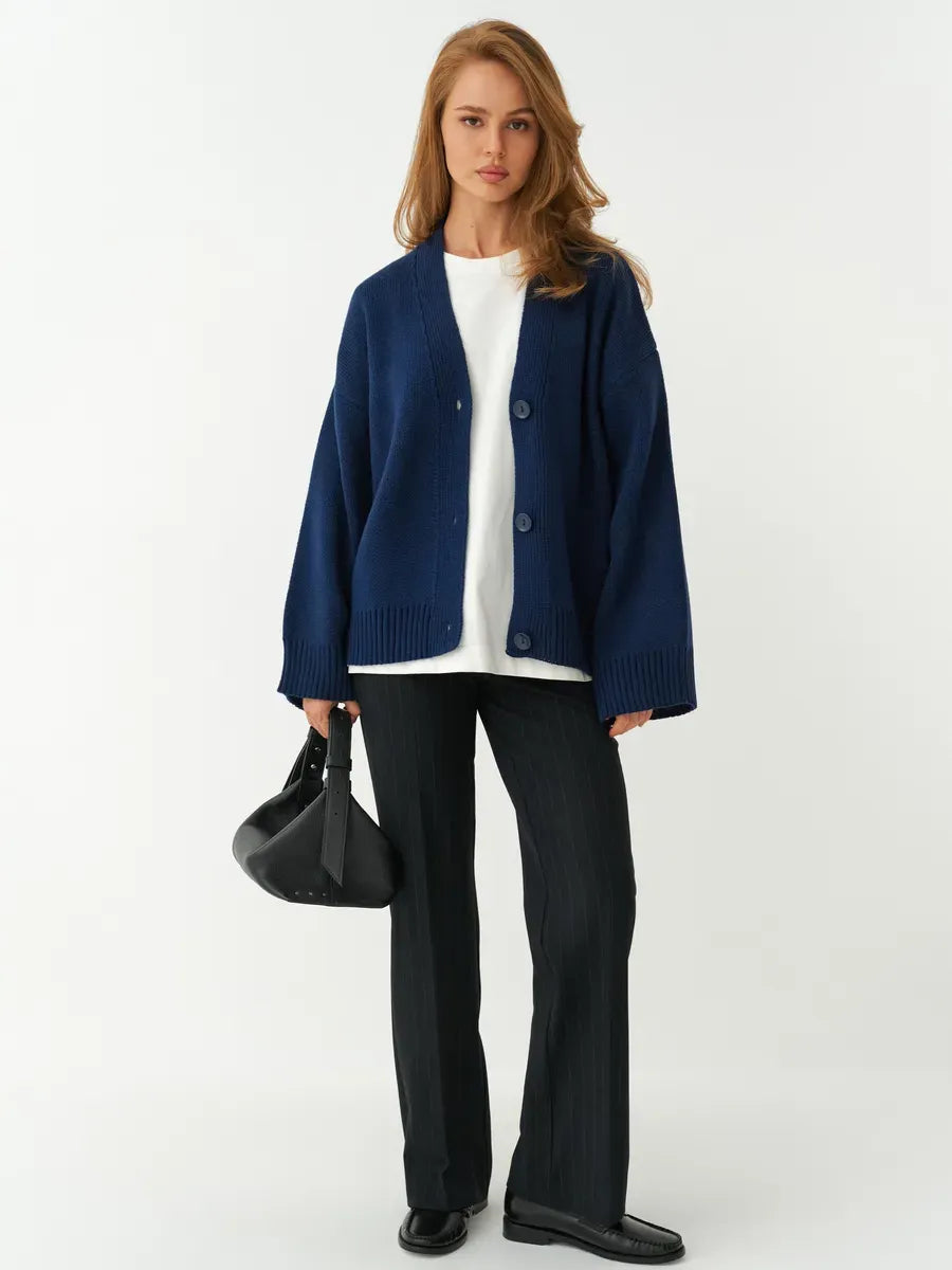Navy Cardigan by Lauven, cozy oversized knitwear with button closure, perfect for layering in cooler seasons.