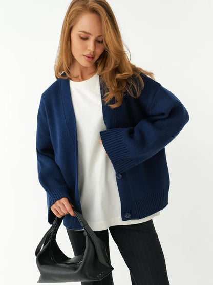 Lauven Navy Cardigan – Cozy oversized knitwear with a button closure in rich navy color.