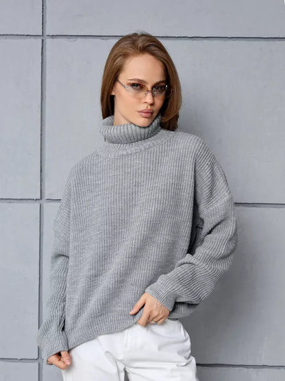 Nimbus Pullover by Lauven - Oversized light gray knit sweater with high neck, perfect for refined casual style.