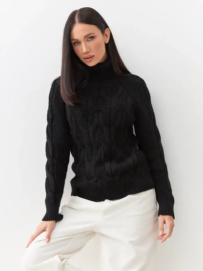 Noir Knitwear by Lauven - Women's wool-blend turtleneck sweater with chunky cable-knit design.