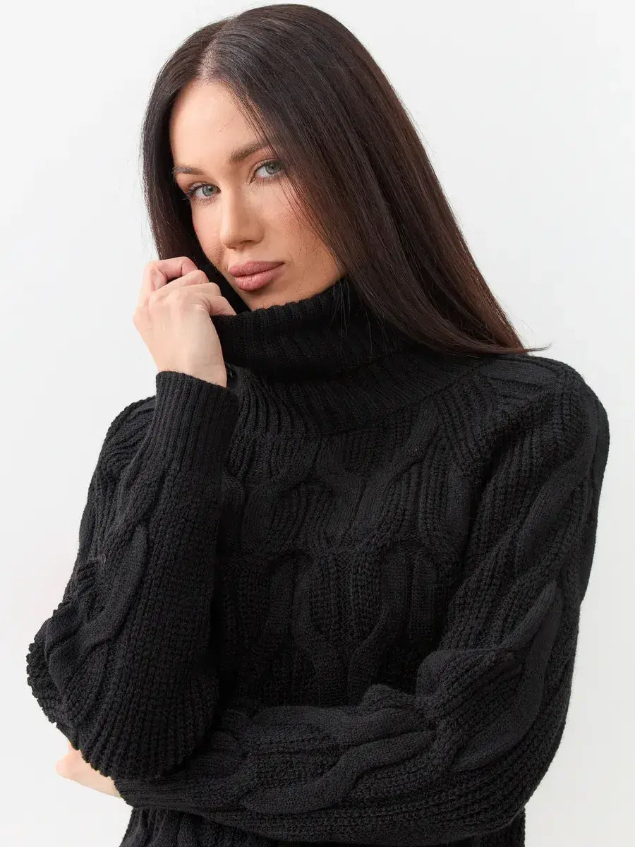 Noir Knitwear by Lauven - Women's cozy wool-blend turtleneck sweater in chunky cable-knit design.