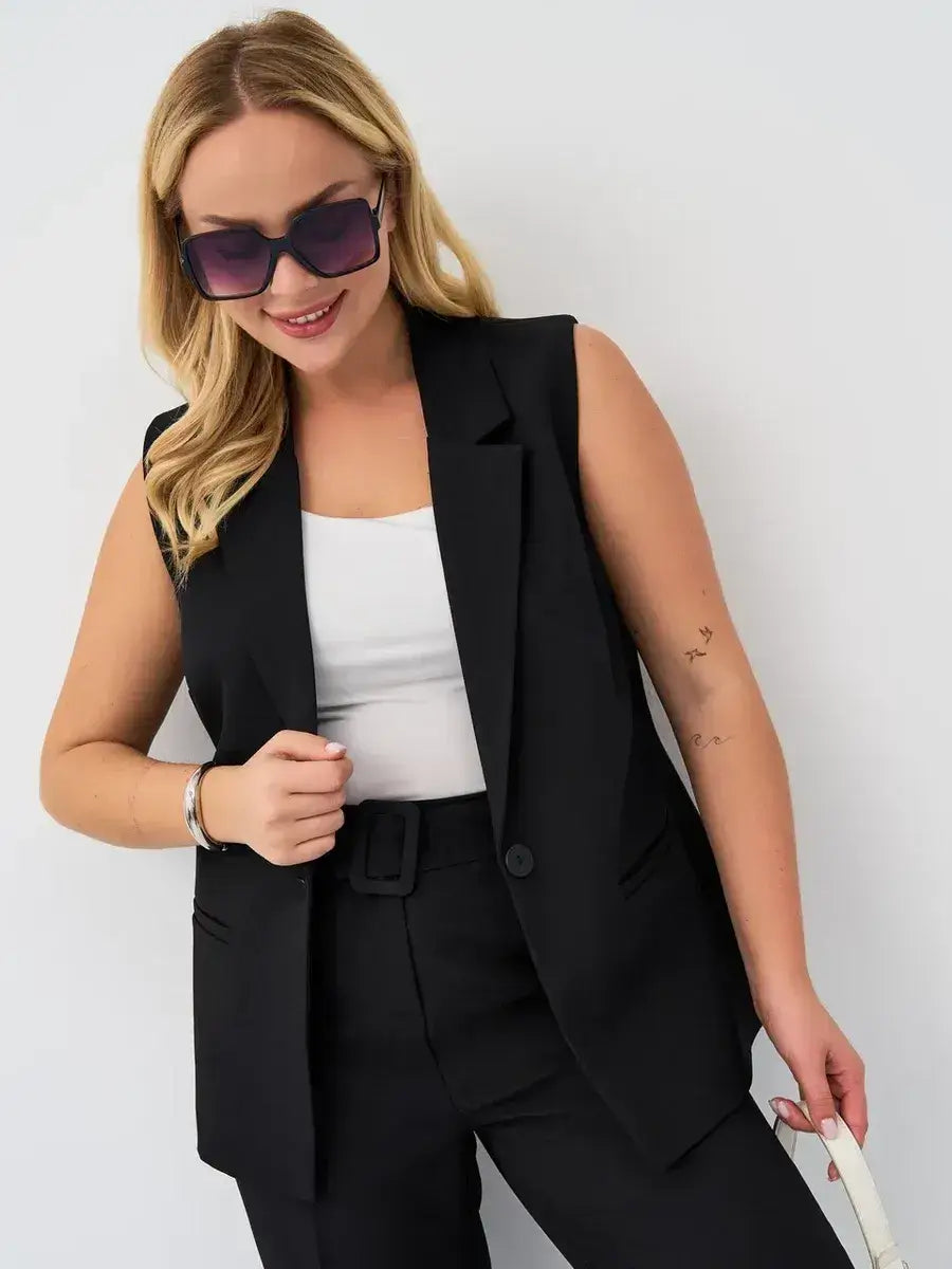 Lauven Noir Suit Set - Sleeveless black vest and high-waist pants for a chic, modern look.