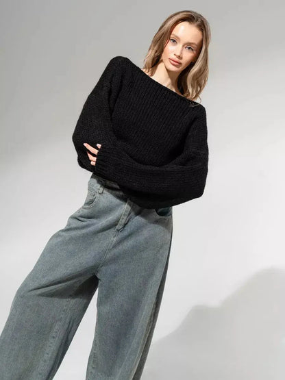 Noir Sweater by Lauven — Oversized off-shoulder knit in classic black, featuring modern minimalism and cozy sophistication.
