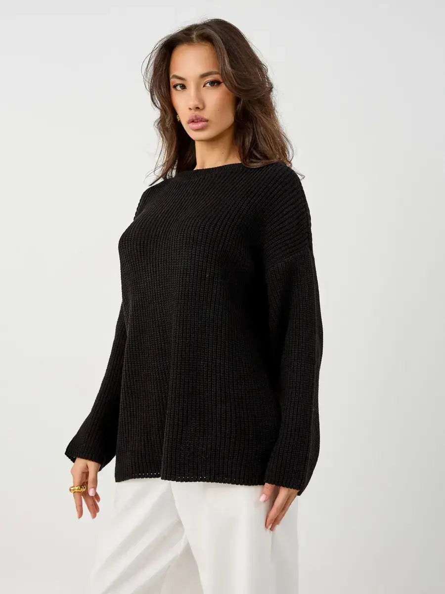 Nola Sweater by Lauven - Oversized black knit pullover with crew neck, offering warmth and style.