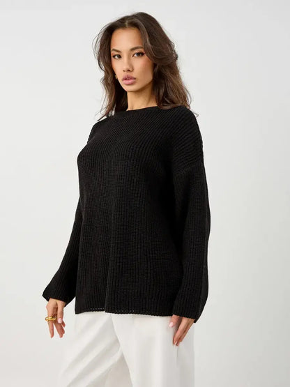 Nola Sweater by Lauven - Oversized black knit pullover with crew neck, offering warmth and style.