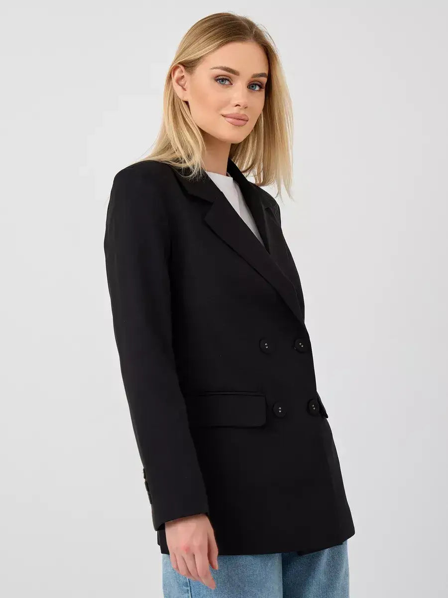 Nova Blazer by Lauven, sleek oversized black double-breasted women's blazer for a bold and sophisticated look.