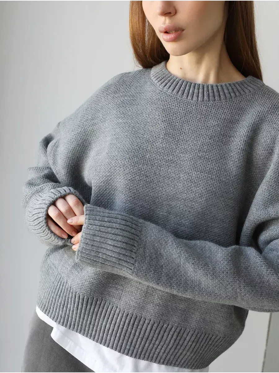 Nova Pullover by Lauven, a stylish oversized cropped gray women's sweater for layered looks.