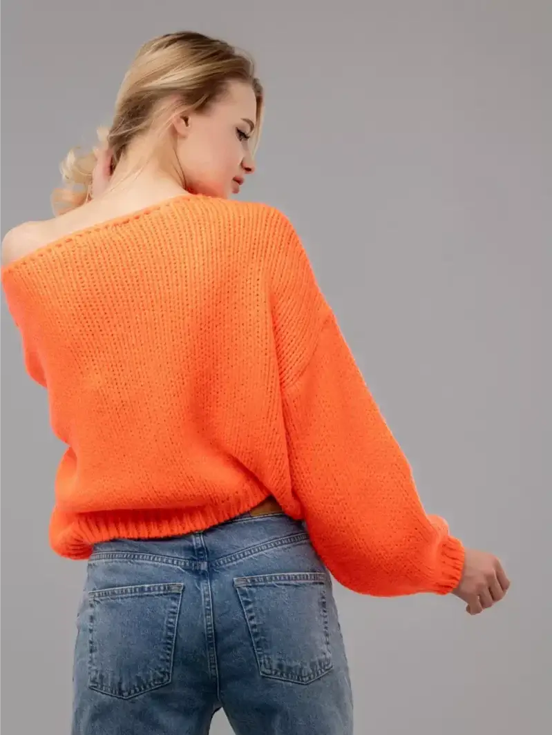 Nova Sweater by Lauven - Oversized Off-Shoulder Knit in vibrant neon orange, showcasing back view for stylish appeal.