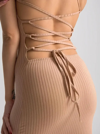 Nude Lace Midi Dress by Lauven featuring a sculpting ribbed fit and corset back design.