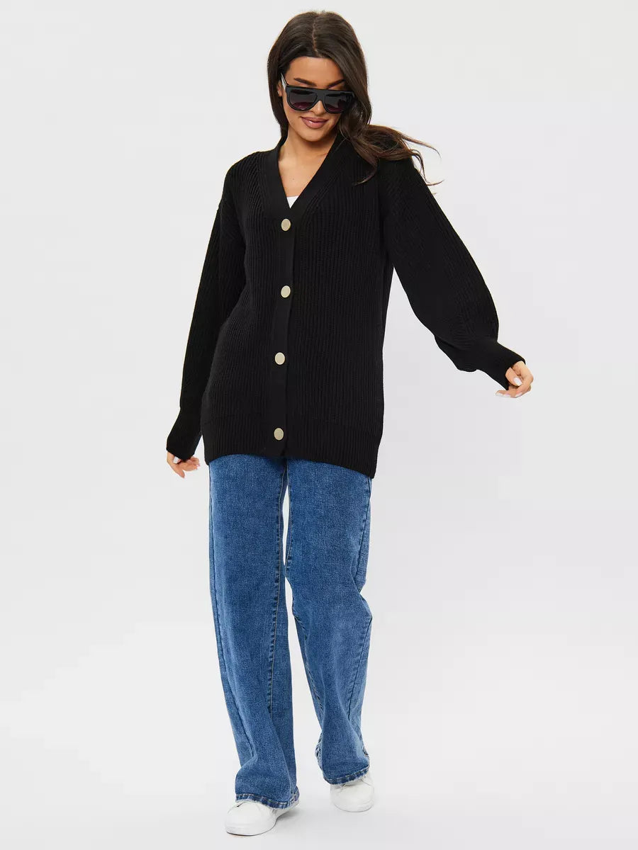 Onyx Cardigan by Lauven, oversized wool blend knitwear in black, perfect for stylish warmth.