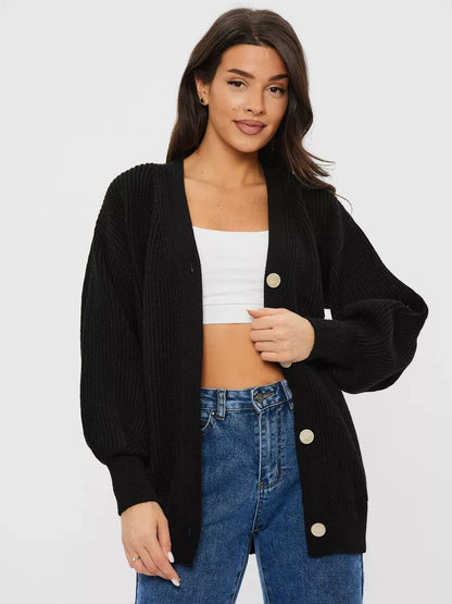 Onyx Cardigan by Lauven, oversized wool blend knitwear in black for stylish warmth and comfort.