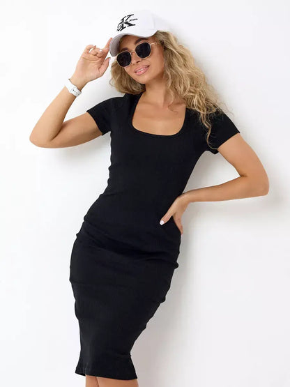 Onyx Midi Dress by Lauven, showcasing a sleek ribbed silhouette in classic black for casual elegance.