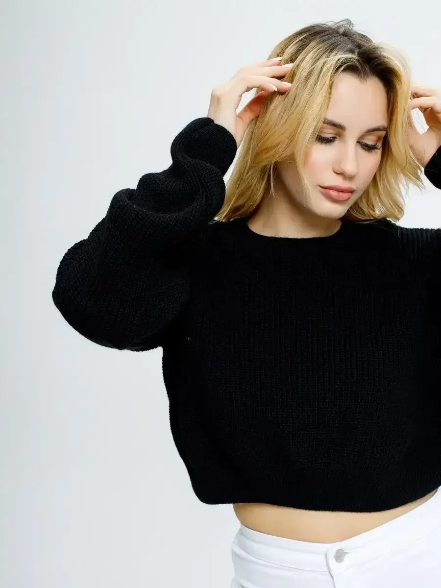 Onyx Pullover by Lauven - Lightweight cropped knit in deep indigo, oversized fit, perfect for spring and summer styling.