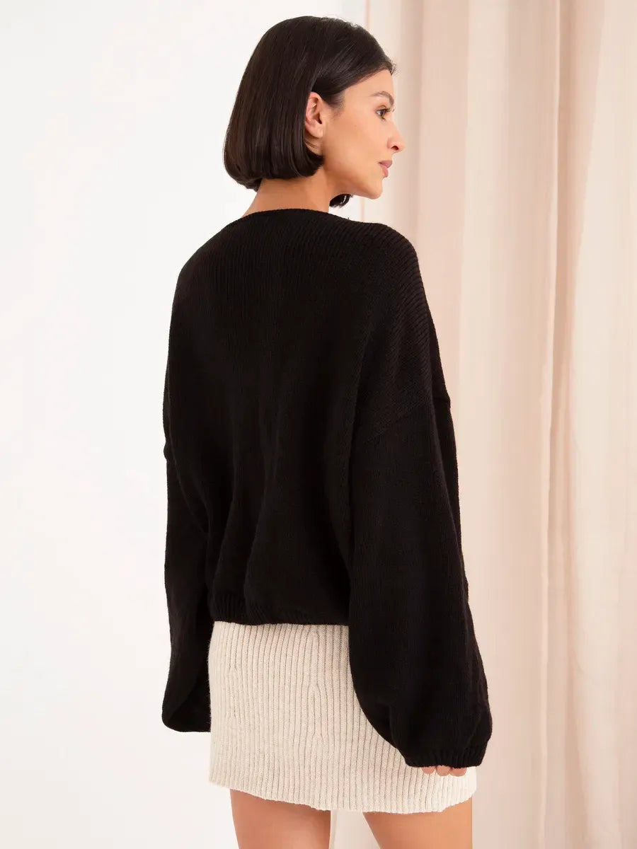 Onyx Sweater by Lauven, oversized women's knit sweater, black boat neck style, cozy fall and winter wear.