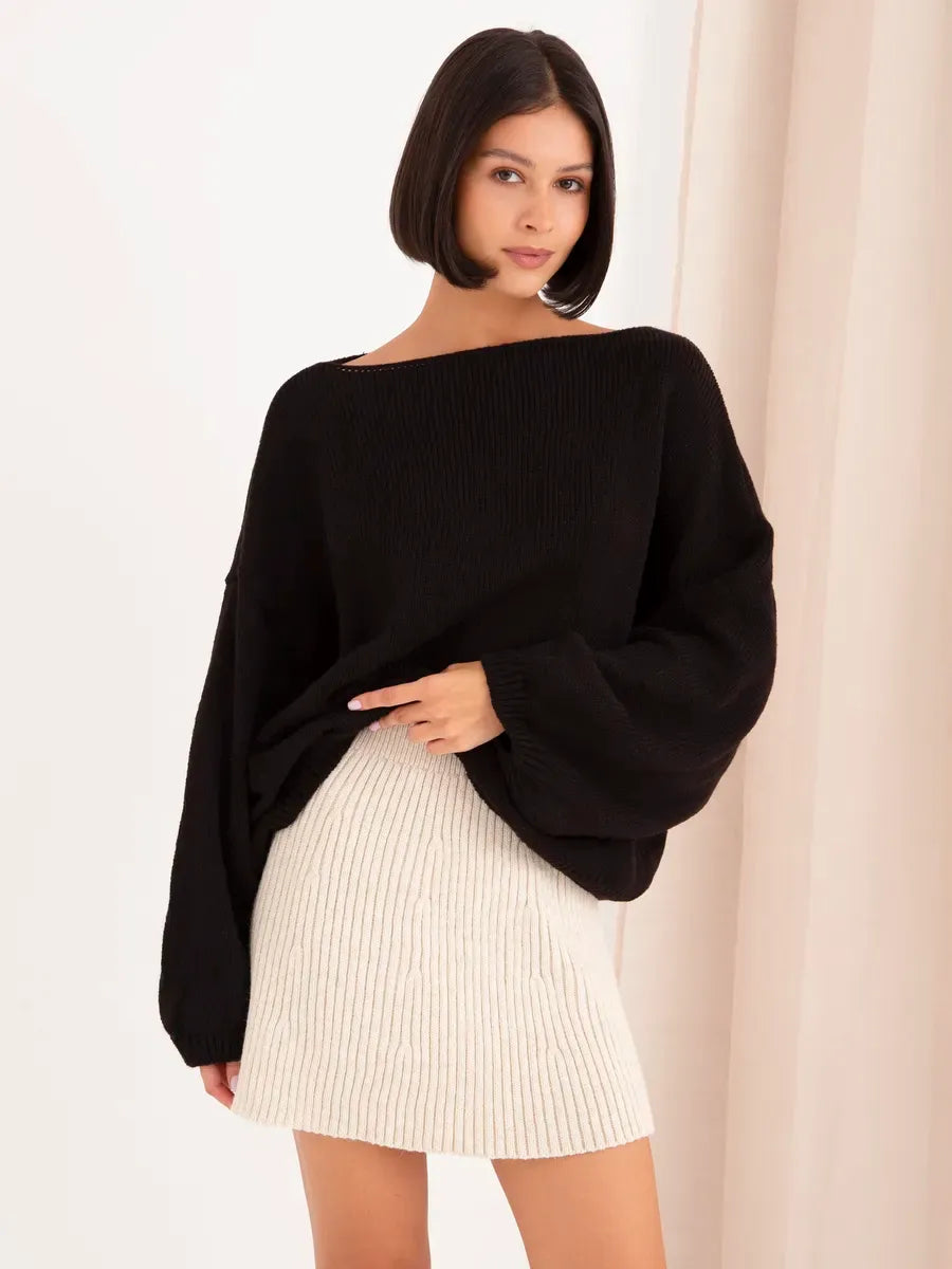 Onyx Sweater by Lauven, oversized women's knit sweater with boat neck in classic black color.