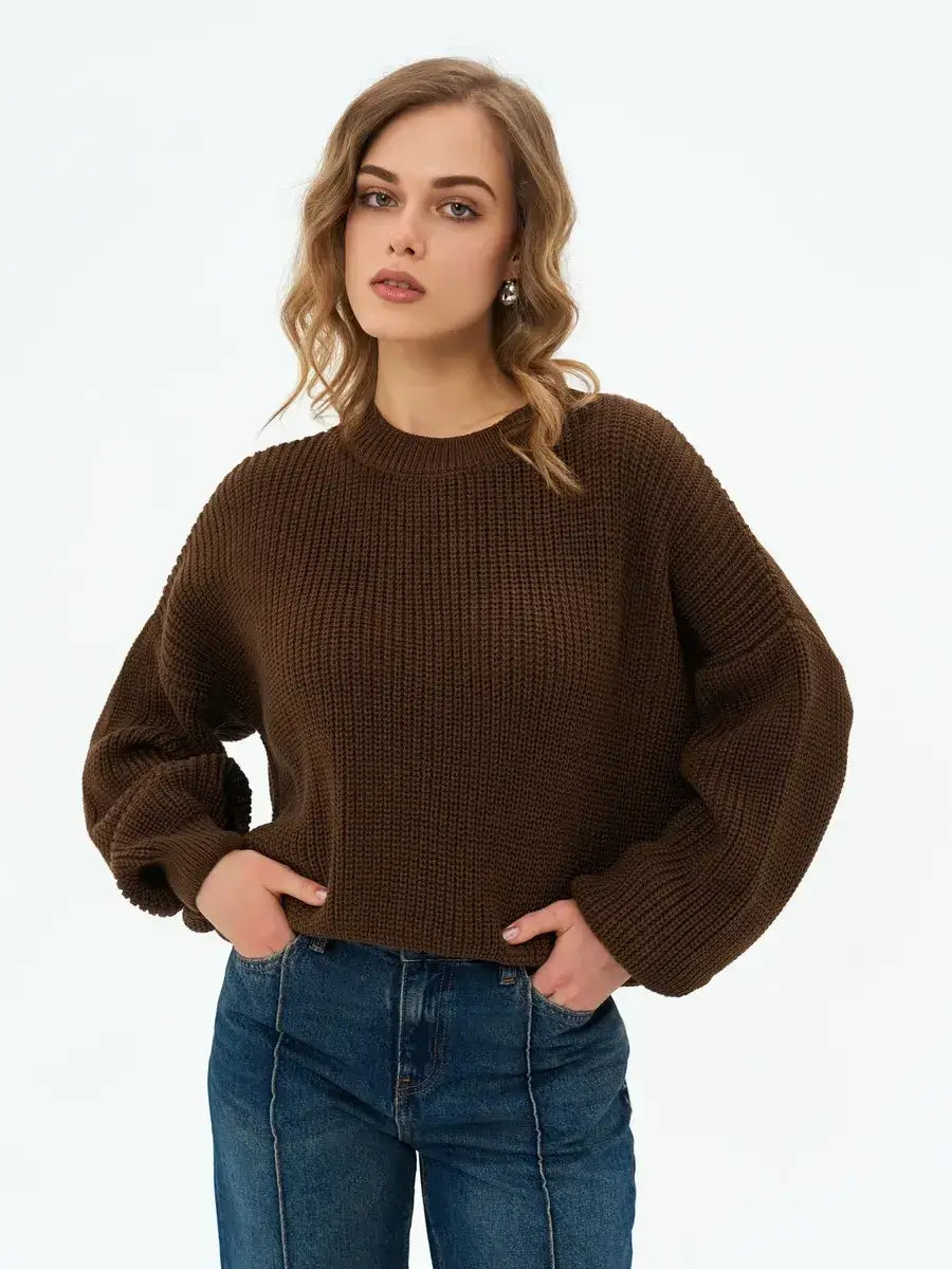 Orion Sweater - Chocolate brown oversized knitwear by Lauven, featuring a round neckline and cropped design.