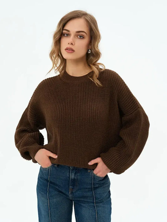 Orion Sweater - Chocolate brown oversized knitwear by Lauven, featuring a round neckline and cropped design.