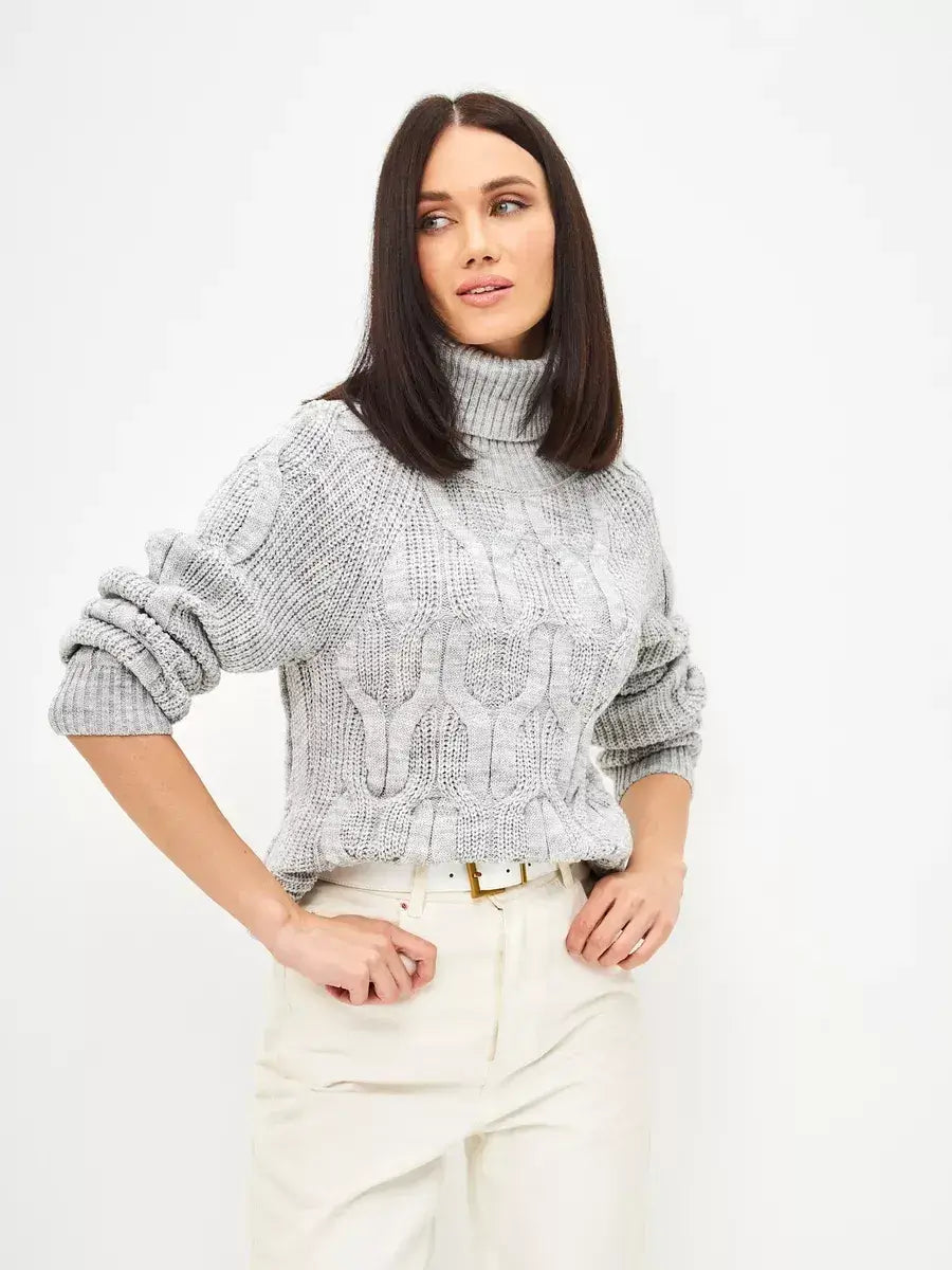 Osiris Sweater by Lauven, featuring oversized cable knit and high neck in soft gray melange, perfect for elegant comfort.